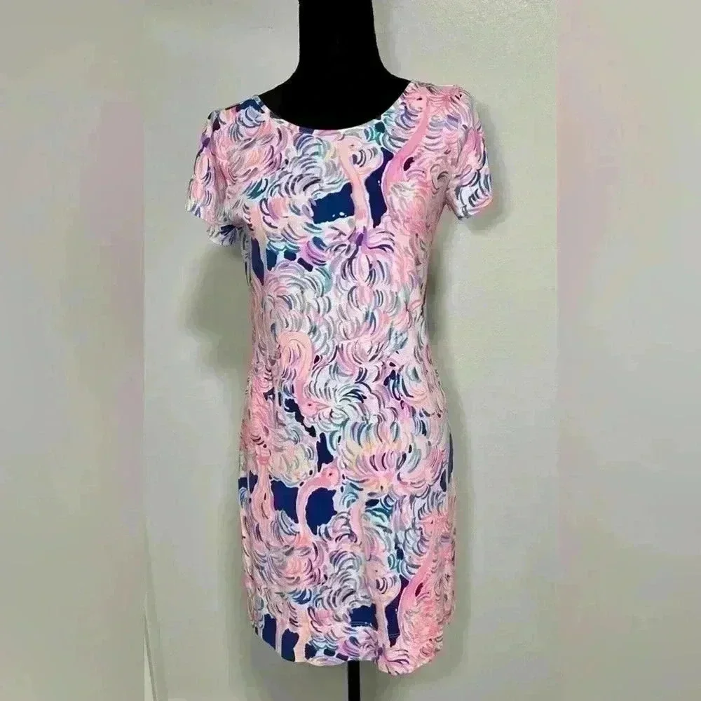 Lilly Pulitzer Tunic Dress XS Pink Blue Flamingo Tropical Print Short Sleeve